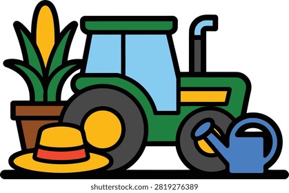 This graphic set captures the essence of farming with a robust green tractor, a tall cornstalk, a classic straw hat, and a watering can for a touch of agricultural charm.