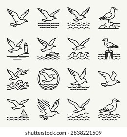 This graphic set displays a series of minimalist line art icons depicting coastal birds in various poses. The illustrations include birds flying, resting on posts and soaring over ocean waves, accompanied by simple nautical elements like small boats and towers. The clean black lines on a light background create a modern, versatile aesthetic suitable for maritime design projects