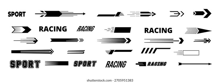 Este conjunto gráfico apresenta linhas de velocidade em preto e branco, listras de corrida e setas de desfoque de movimento, com texto 'SPORT' e 'RACING'. Ideal para a arte de design automotivo e esportivo.
