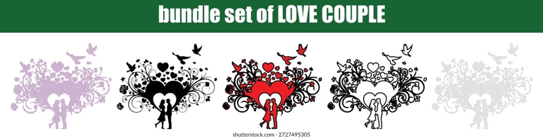 Dieses grafische Set enthält fünf einzigartige romantische Illustrationen eines liebevollen Paares, das sich in einer großen Herzform umarmt, umgeben von zarten Wirbeln, kleineren Herzen und fliegenden Vögeln in verschiedenen Stilen und Farben, darunter schwarz-rotes Lila und Grau, einzeln auf transparentem Hintergrund