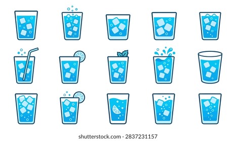 This graphic set features a variety of stylized glasses containing chilled water, ice cubes and refreshing garnishes. The illustrations use a clean, flat design aesthetic with a consistent blue color palette and bold outlines. Each glass is depicted with different details such as straws, citrus slices and mint leaves, arranged in a structured grid format against a plain background
