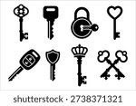 This graphic set features various key and lock silhouette icons in a clean black style. It includes classic skeleton keys modern car keys a heart shaped key and a padlock for diverse design needs. Ideal for security branding real estate concepts or symbolic representations of finding solutions.