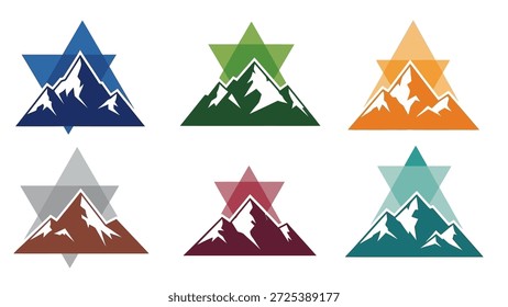 This graphic set showcases stylized mountain peaks enclosed within overlapping triangle shapes. Various colors are employed across the series. The composition is clean, with the peaks and geometric forms dominating. It suggests design elements suitable for diverse commercial applications and design concepts.