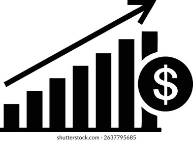 This graphic showcases a black diagram with ascending bars and an upward-pointing arrow beside a dollar coin, visualizing financial growth and success.
