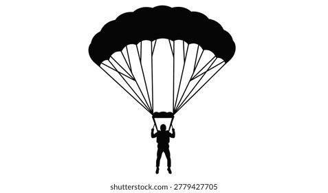 This graphic showcases a black silhouette of a skydiver suspended beneath a fully deployed parachute, emphasizing the thrill and freedom of skydiving.