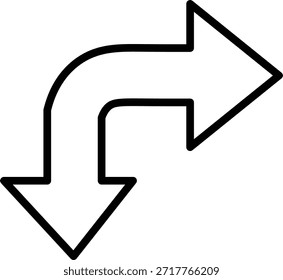 Este gráfico muestra una flecha curvada y audaz que apunta a la derecha, presentada como una silueta negra llamativa. El contorno simple y las líneas limpias lo convierten en un elemento de diseño versátil para diversas aplicaciones