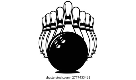 This graphic showcases a bowling ball in mid-collision with ten pins, captured in a stark black and white style. It evokes the excitement and precision of the sport.