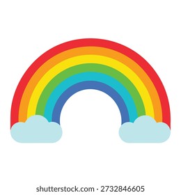 This graphic showcases a cartoon rainbow arc with distinct red, orange, yellow, green, blue, and violet bands. Fluffy blue clouds anchor both ends, isolated on white.