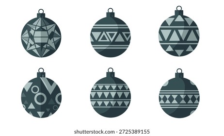 This graphic showcases a collection of Christmas ornaments, each adorned with a distinct geometric pattern. The illustrations feature a dark teal color palette, with clean lines and simple shapes. The composition is arranged against a white backdrop, suitable for various design applications including seasonal promotions or festive visual content.