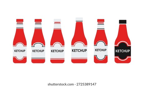 Diese Grafik zeigt eine Sammlung von Ketschup-Flaschen Illustrationen mit verschiedenen Etiketten Designs. Die Flaschen sind mit einem überwiegend roten Farbschema versehen, das durch weiße und schwarze Akzente ergänzt wird. Die saubere, vektorartige Komposition legt eine produktorientierte Einstellung nahe, die für verschiedene kommerzielle Zwecke geeignet ist.