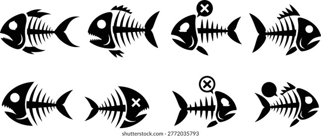 This graphic showcases a collection of stylized black fish skeletons, representing concepts like death, extinction, or failure. Several skeletons are marked with 'x' symbols or feature speech bubbles, adding an element of communication or emphasis to their demise.