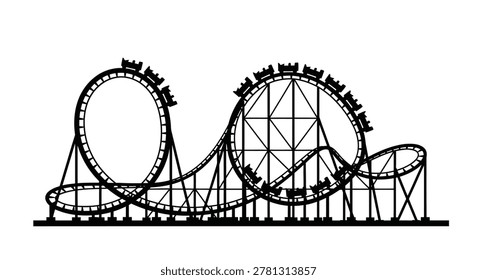 This graphic showcases a detailed roller coaster design, utilizing a striking black and white palette. The coaster boasts several loops and twisting tracks, suggesting a high thrill experience.