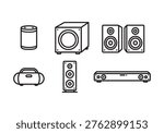 This graphic showcases a diverse array of audio system components, meticulously illustrated with minimalist line art. The collection features a cylindrical smart speaker, a robust subwoofer, two compact bookshelf speakers, a retro-style boombox, a sophisticated tower speaker, and a modern AV receiver, symbolizing sound technology and entertainment. This graphic showcases a diverse array of