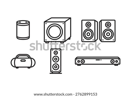 This graphic showcases a diverse array of audio system components, meticulously illustrated with minimalist line art. The collection features a cylindrical smart speaker, a robust subwoofer, two compact bookshelf speakers, a retro-style boombox, a sophisticated tower speaker, and a modern AV receiver, symbolizing sound technology and entertainment. This graphic showcases a diverse array of