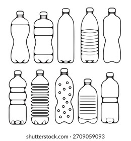 This graphic showcases a diverse collection of various plastic bottle shapes, ideal for use in a catalog, guide, or educational material about beverage packaging.