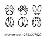 This graphic showcases a diverse set of simplified footprints, featuring distinct paw prints from domestic pets, split hoof prints from farm animals like cows or deer, human shoe prints indicating bipedal locomotion,