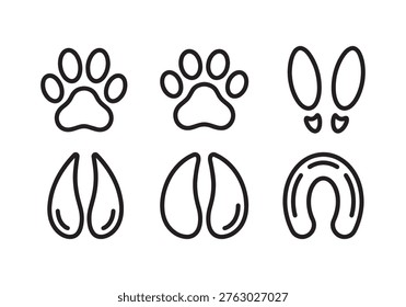 This graphic showcases a diverse set of simplified footprints, featuring distinct paw prints from domestic pets, split hoof prints from farm animals like cows or deer, human shoe prints indicating bipedal locomotion,