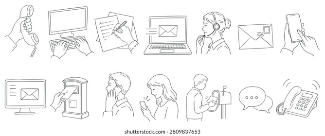 This graphic showcases diverse ways people connect, from traditional mail and phone calls to modern digital messaging and online correspondence