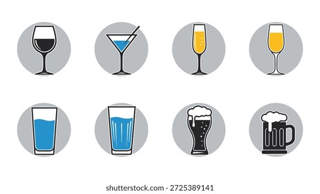 Este gráfico muestra ocho vasos de bebida diferentes, cada uno dentro de un círculo gris, adecuado para proyectos de diseño. Las ilustraciones presentan diferentes niveles de líquidos y estilos, incluyendo vino, cócteles, champán y cerveza. La composición utiliza una estética de diseño plano y limpio y es adecuada para aplicaciones comerciales y editoriales, especialmente para materiales de comunicación visual.