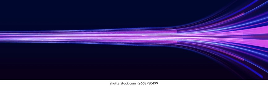 This graphic showcases the flow of high-speed data traffic, illuminated by neon light and dynamic light traces. The design reflects the concept of big data traffic streams.