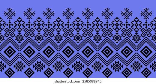 This graphic showcases a horizontal band of stylized geometric motifs in black against a soft, periwinkle or light blue-purple background. The design evokes a contemporary interpretation 