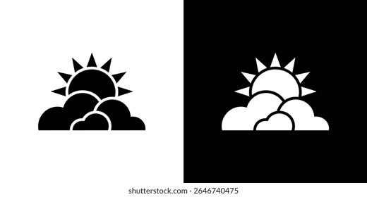 Este gráfico mostra um ícone minimalista do sol emergindo por trás das nuvens. O design é apresentado em preto e branco, ideal para projetos gráficos ou meteorológicos.