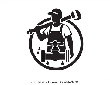 This graphic showcases a plumber in silhouette style, carrying a wrench and positioned near plumbing elements. The transparent background makes it a valuable asset for designers. high-quality professional detailed modern elegant stylish clean crisp vibrant colorful digital creative innovative contemporary