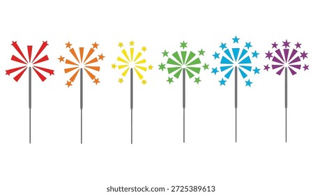 This graphic showcases a row of vibrant fireworks in a rainbow of colors. The digital illustration features a symmetrical composition with stylized elements and clean lines. Its bright hues and festive theme are suitable for various design projects, including celebratory events and visual marketing campaigns.