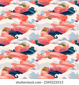 This graphic showcases a salmon sashimi pattern, capturing the elegance of Japanese cuisine. The repeated design highlights freshness and is ideal for culinary or cultural themes.