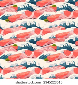 This graphic showcases a salmon sashimi pattern, capturing the elegance of Japanese cuisine. The repeated design highlights freshness and is ideal for culinary or cultural themes.