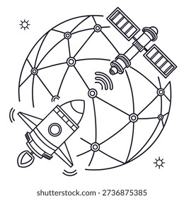 This graphic showcases a satellite orbiting earth alongside a rocket launch, linked by a communication network. It visually represents global connectivity and advanced technological systems. high-quality professional
