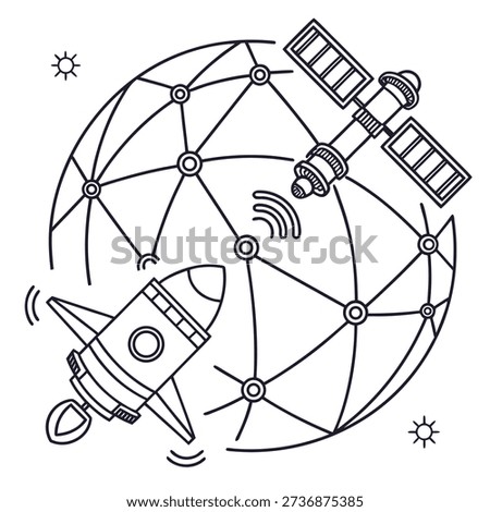 This graphic showcases a satellite orbiting earth alongside a rocket launch, linked by a communication network. It visually represents global connectivity and advanced technological systems. high-quality professional