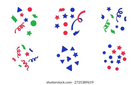 Este gráfico mostra vários grupos de confetes em várias formas e cores primárias. Os arranjos apresentam círculos, estrelas e galhardetes. Com um pano de fundo branco limpo, as imagens podem ser usadas para projetos festivos e projetos comemorativos. É adequado para diversos fins comerciais e editoriais.