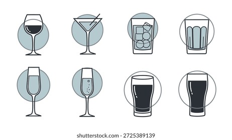 This graphic showcases several drinkware icons, depicted in a minimalist style with shades of gray and blue. The composition, arranged on a white background, features distinct shapes of glasses and other vessels. Suitable for a range of applications, the design could be useful for commercial and editorial purposes.