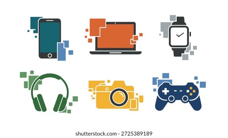 This graphic showcases several technology-related icons, including a smartphone, laptop, smartwatch, headphones, a camera, and a game controller. The design features a flat style with bright colors and a pixelated effect. The visual style is suitable for various commercial uses, such as presentations, websites, or advertising materials.