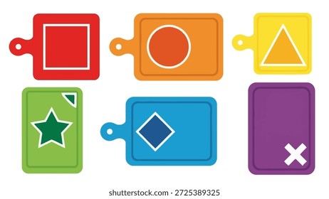 This graphic showcases six cutting board illustrations each with a unique shape or symbol inside. The designs feature bright primary and secondary colors and simple line work. Suitable for various design projects, these elements are depicted with clean lines on a white background, useful for editorial and commercial applications.