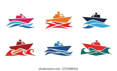 This graphic showcases six stylized illustrations of boats on waves. The designs feature a flat, vector style with vibrant colors including red, orange, and blue. The composition creates a sense of movement suggesting nautical activities and seafaring adventures, suitable for a range of design projects and commercial applications.