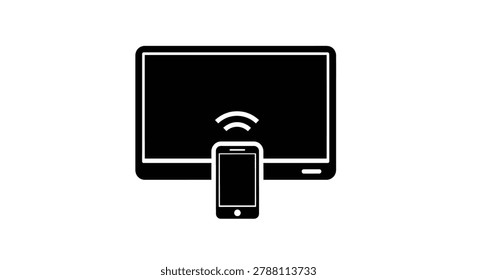 This graphic showcases a smartphone utilizing wireless technology to connect and share content with a modern flatscreen television, indicating seamless device integration.