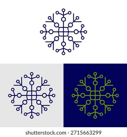 This graphic showcases a snowflake-inspired design presented in multiple color variations. The illustration features clean lines and a modern, geometric aesthetic. The composition highlights a central square structure with radiating linear elements. This image is suitable for various commercial applications, including branding and design projects.