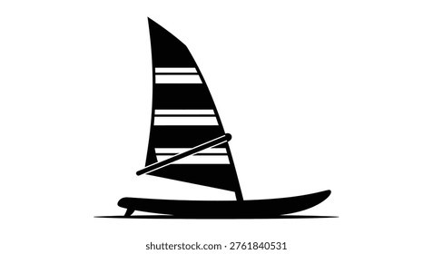 This graphic showcases a stark black windsurfing sailboard silhouette, highlighting the sport’s elegance and simplicity. It evokes feelings of adventure and water activity.