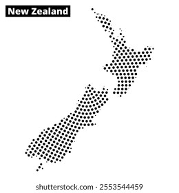 This graphic showcases a stylized map of New Zealand, featuring a unique dot pattern. The design focuses on both the North and South Islands.