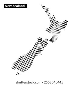 This graphic showcases a stylized map of New Zealand, featuring a unique dot pattern. The design focuses on both the North and South Islands.