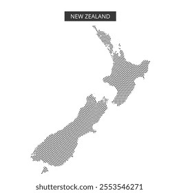 This graphic showcases a stylized map of New Zealand, featuring a unique dot pattern. The design focuses on both the North and South Islands.