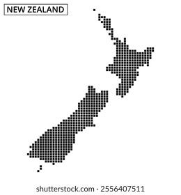 This graphic showcases a stylized map of New Zealand, featuring a unique dot pattern. The design focuses on both the North and South Islands.