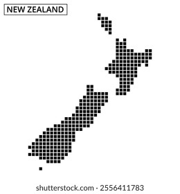 This graphic showcases a stylized map of New Zealand, featuring a unique dot pattern. The design focuses on both the North and South Islands.