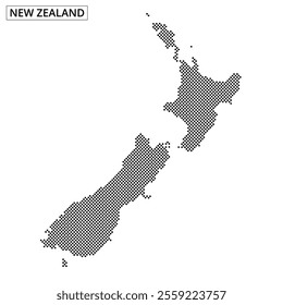 This graphic showcases a stylized map of New Zealand, featuring a unique dot pattern. The design focuses on both the North and South Islands.