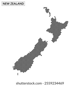 This graphic showcases a stylized map of New Zealand, featuring a unique dot pattern. The design focuses on both the North and South Islands.