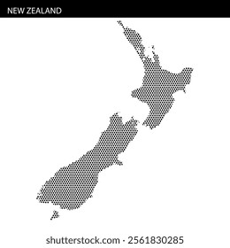 This graphic showcases a stylized map of New Zealand, featuring a unique dot pattern. The design focuses on both the North and South Islands.