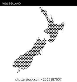 This graphic showcases a stylized map of New Zealand, featuring a unique dot pattern. The design focuses on both the North and South Islands.