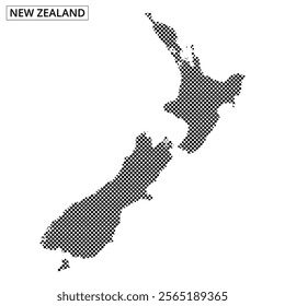 This graphic showcases a stylized map of New Zealand, featuring a unique dot pattern. The design focuses on both the North and South Islands.